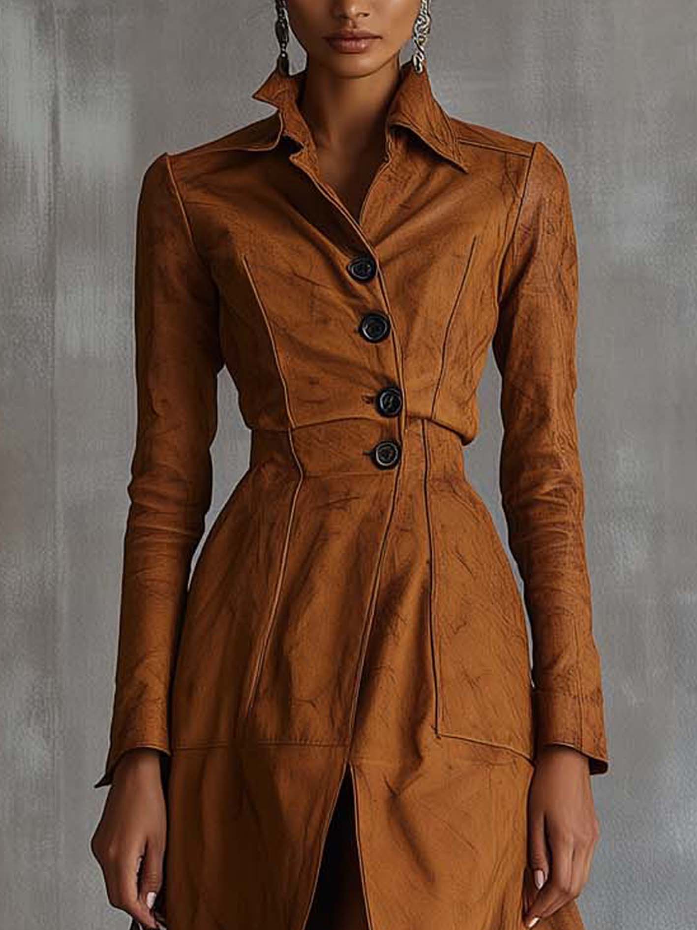Retro Brown Faux Suede Midi Dress With Front Slit