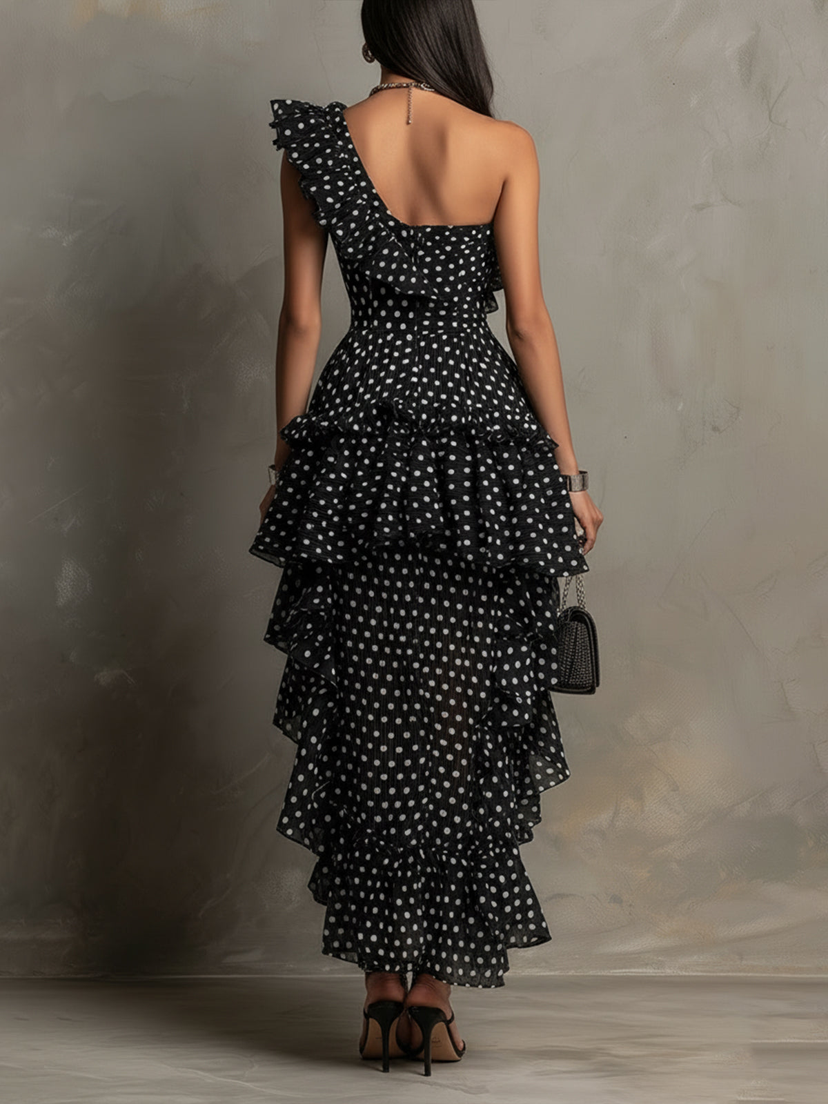Black Polka Dot One-Shoulder Ruffled Asymmetric Midi Dress