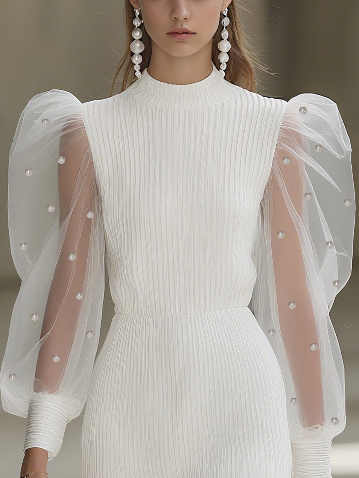 White Pleated Sheer Puff High Neck Long Sleeve Mini Dress