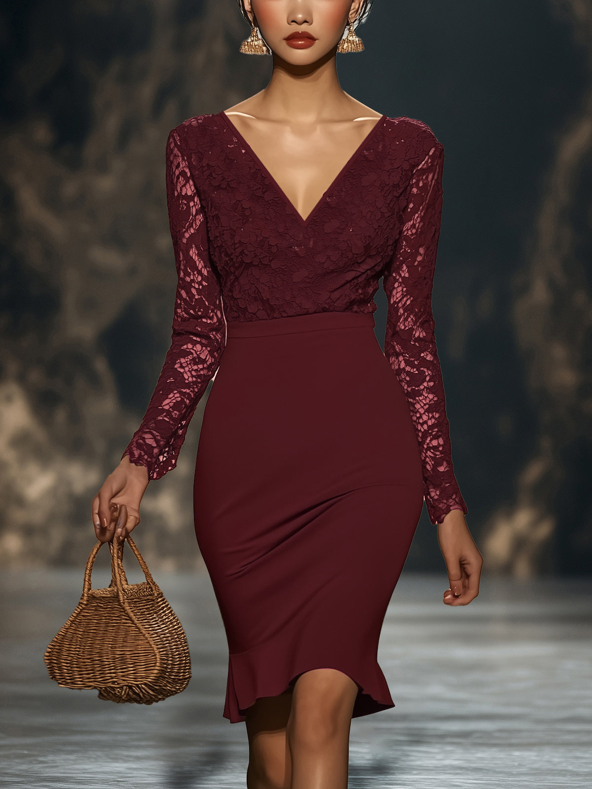 Burgundy Lace-Accented Long-Sleeve Bodycon Dress