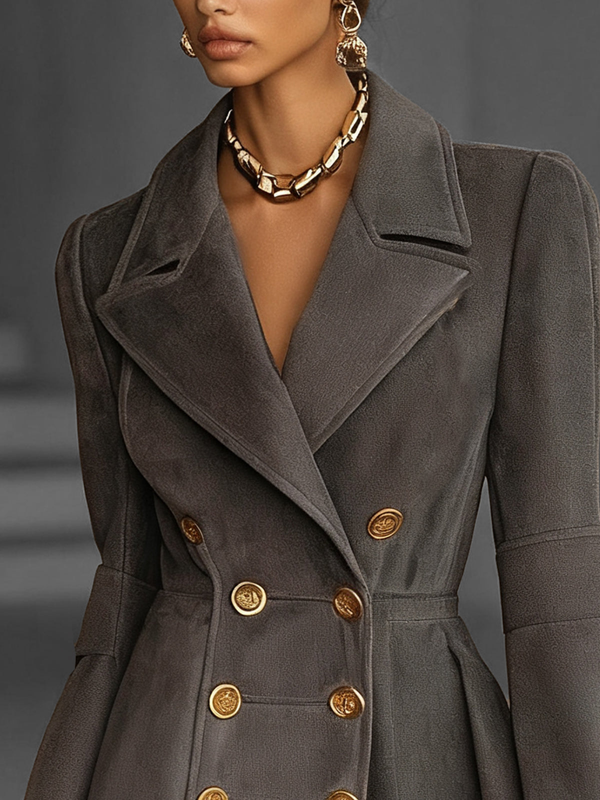 Gray Classic Double-Breasted Coat With Gold Button Accents