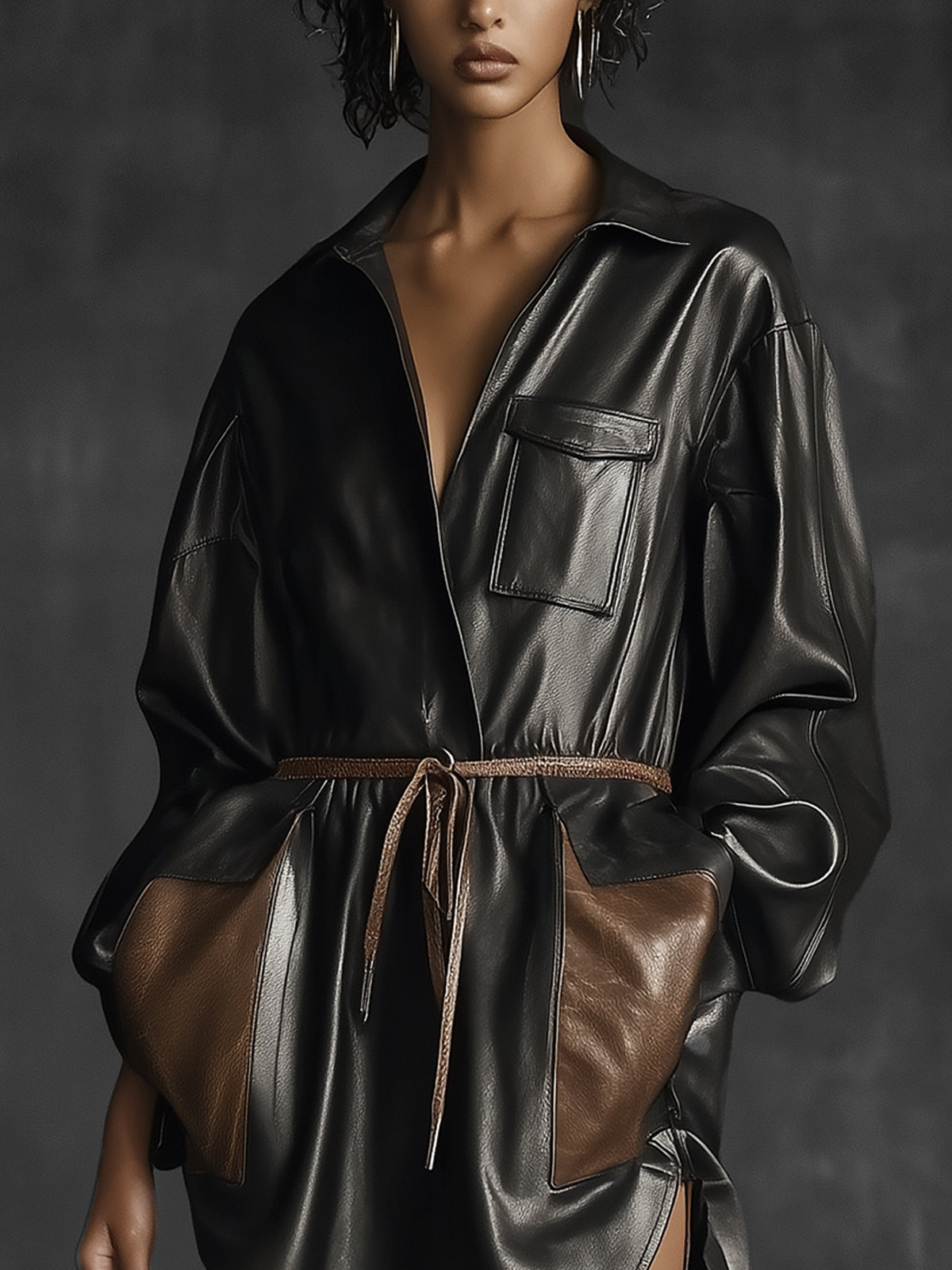 Black Faux Leather Belted Tunic Dress With Brown Accents
