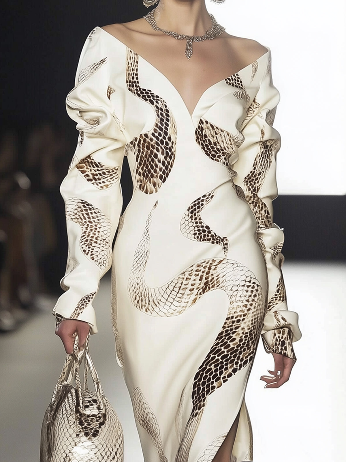 Cream Snake Print V-Neck Long Sleeve Midi Dress