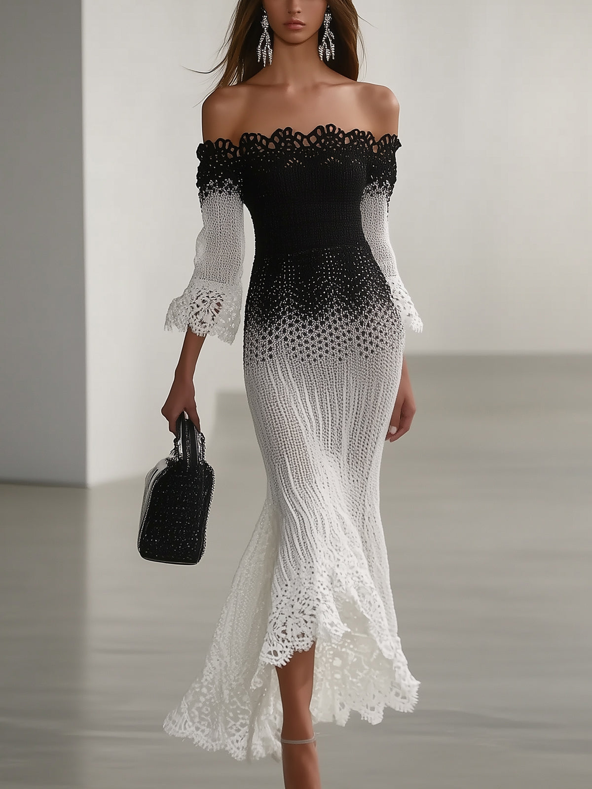Black Ombre Crochet Off-Shoulder Flared Sleeve Maxi Dress
