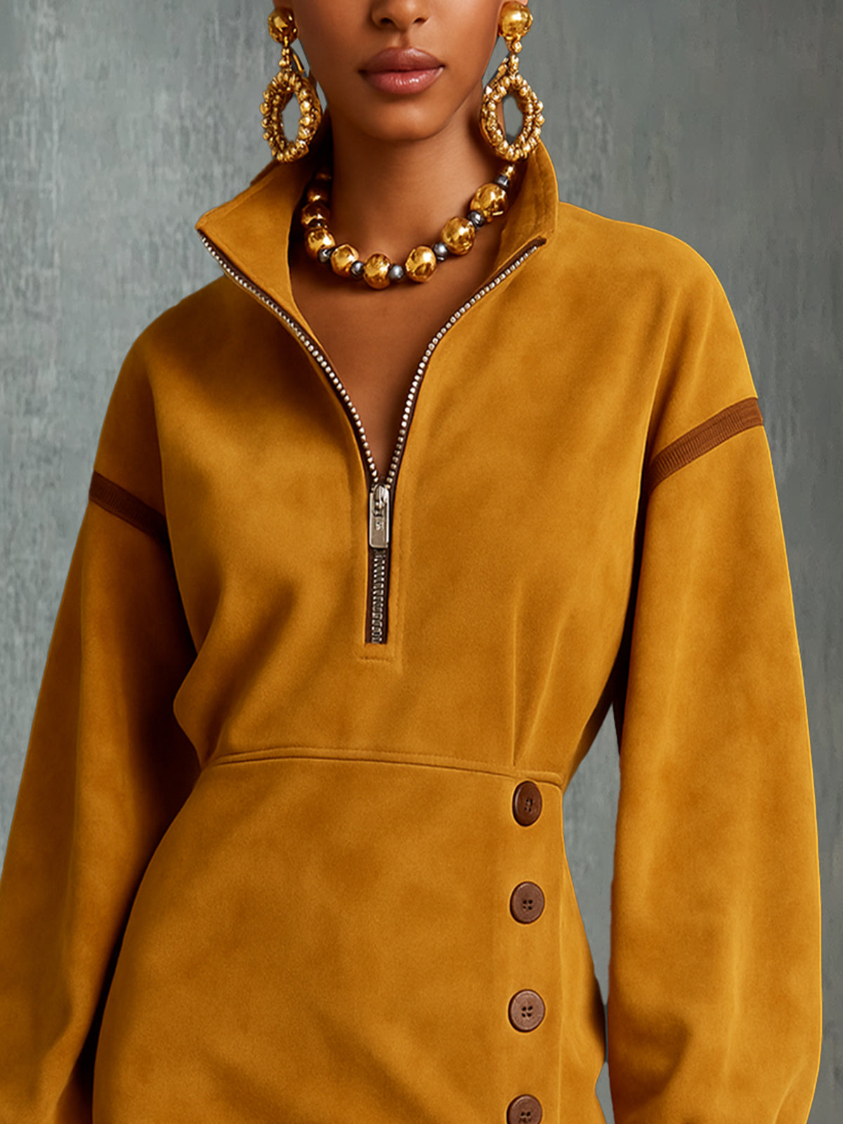 Yellow Faux Suede High-Neck Button Detail Mini Dress