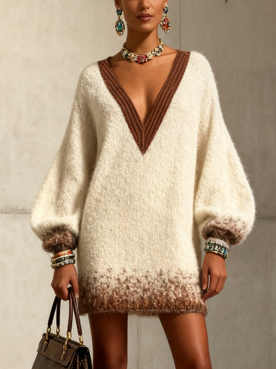 White And Brown Knit Sweater Dress With Balloon Sleeves