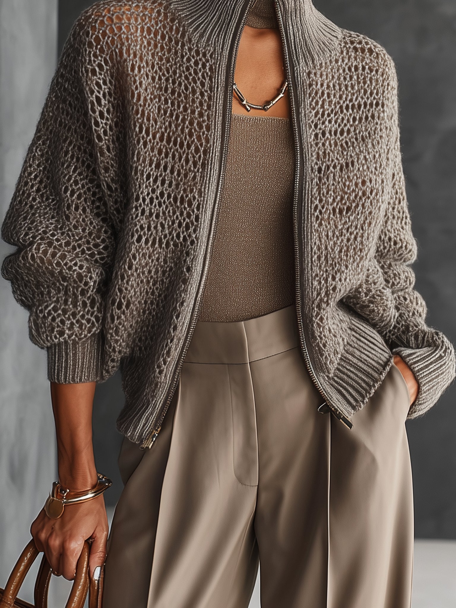 Taupe Mohair Knit Zippered Openwork Cardigan