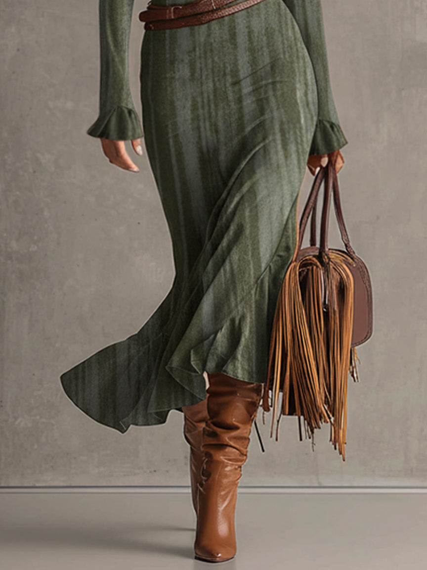 Vintage Green Suede Look Belted Long Sleeve Maxi Dress