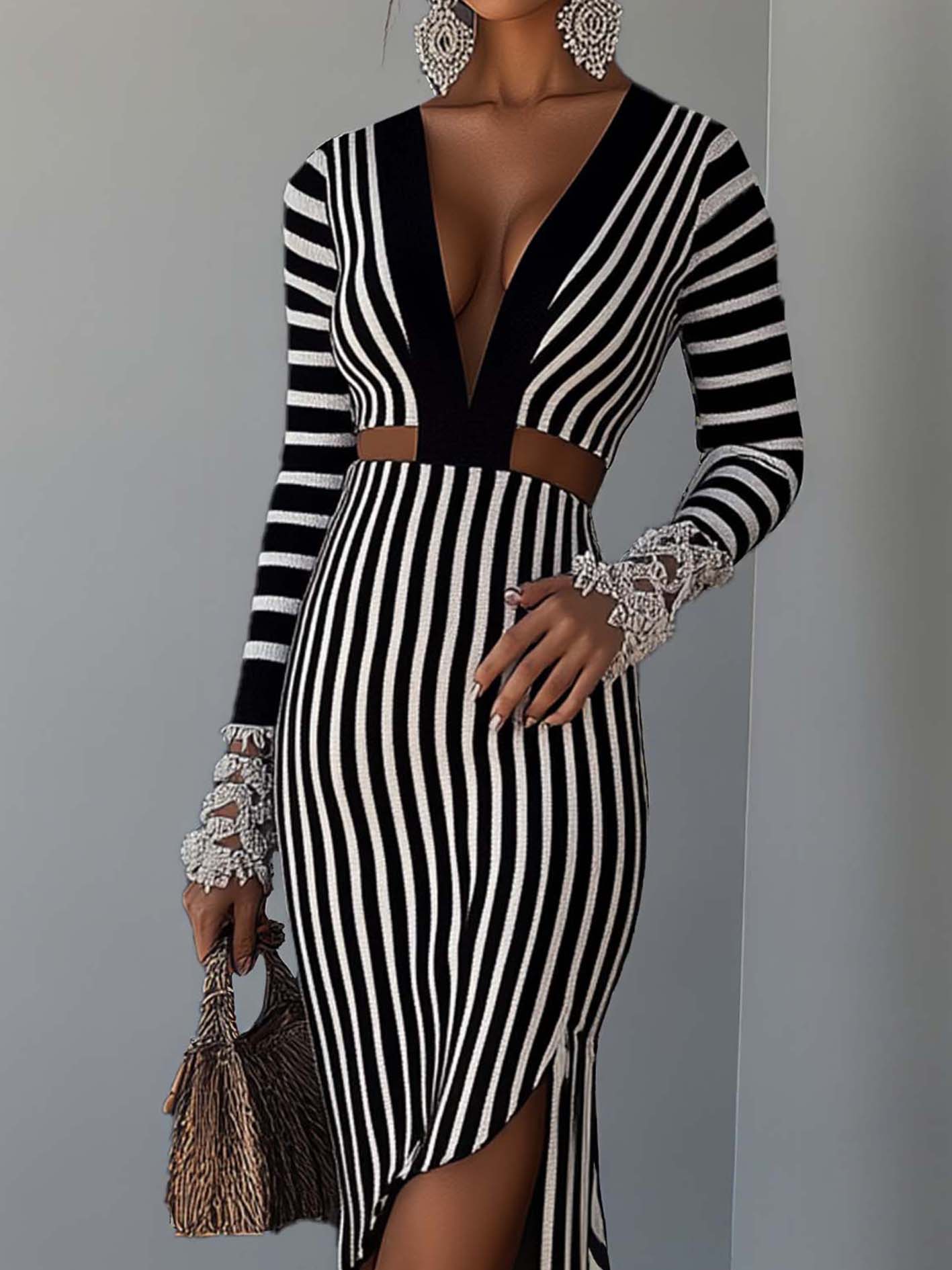 Fashionable Black And White Striped Bodycon Dress With Hollow Waist