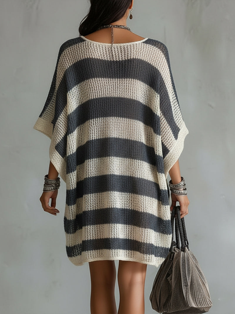 Navy And Cream Striped Loose Knit V-Neck Mini Dress