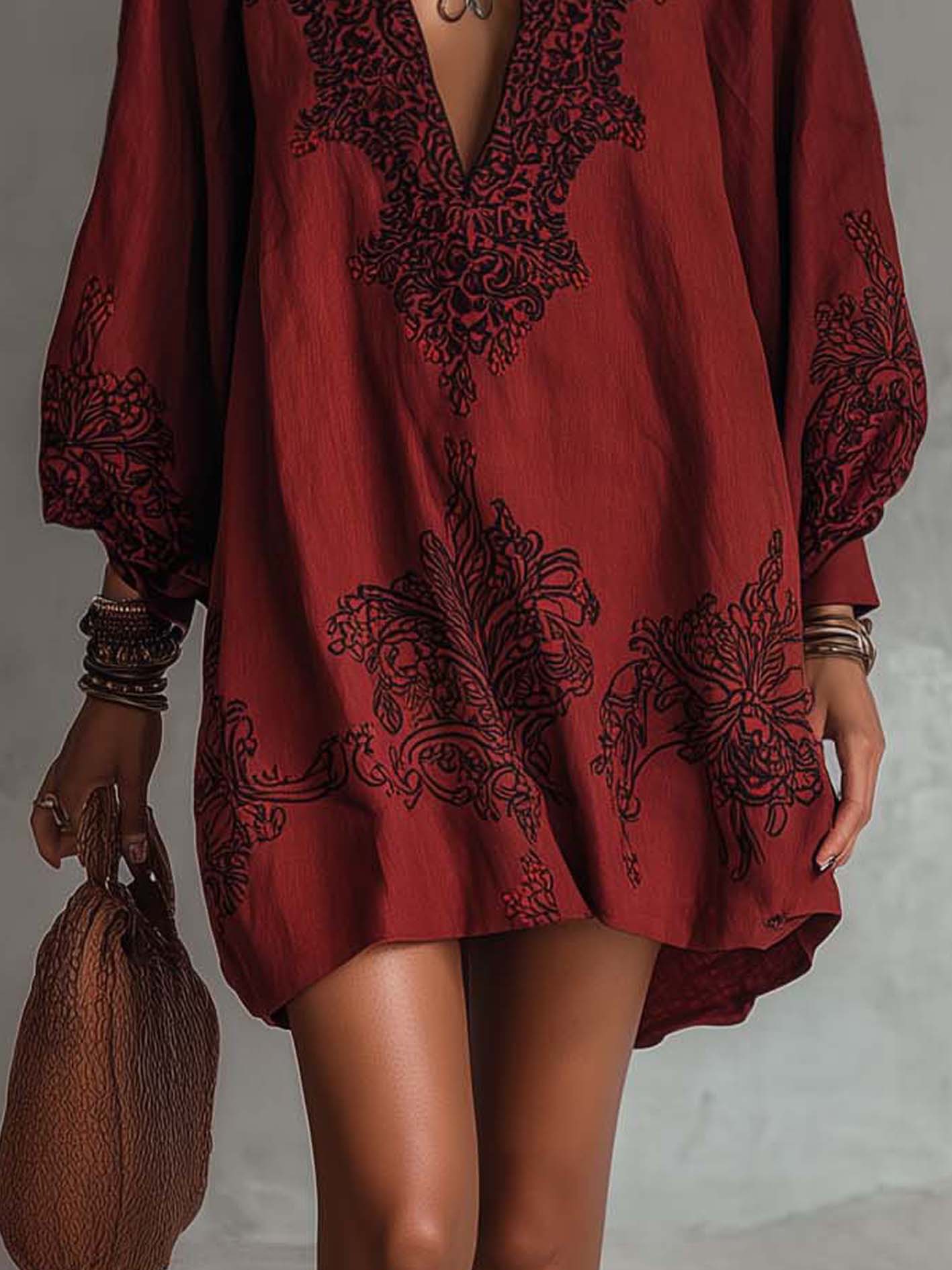 Burgundy Cotton Linen Embroidered Mini Dress