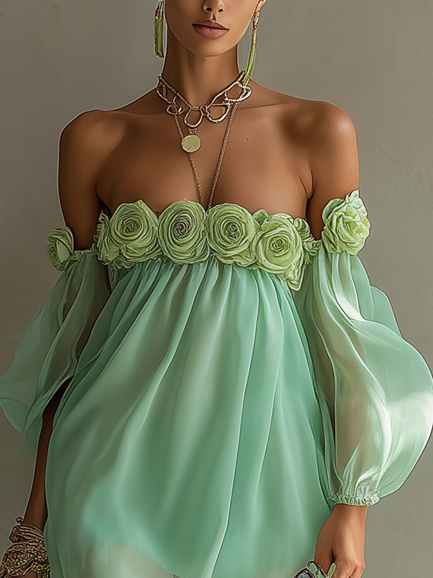 Mint Green Off-Shoulder 3D Floral Chiffon Mini Dress