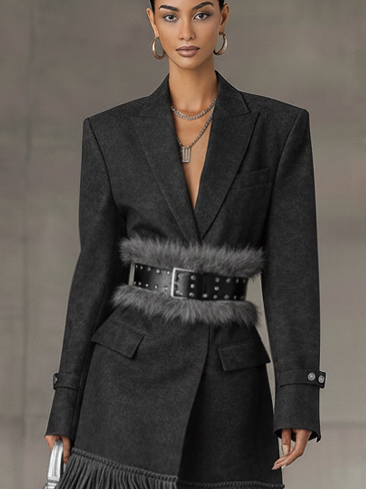 Gray Faux Suede Fringed Long Sleeve Blazer With A Plush Belt