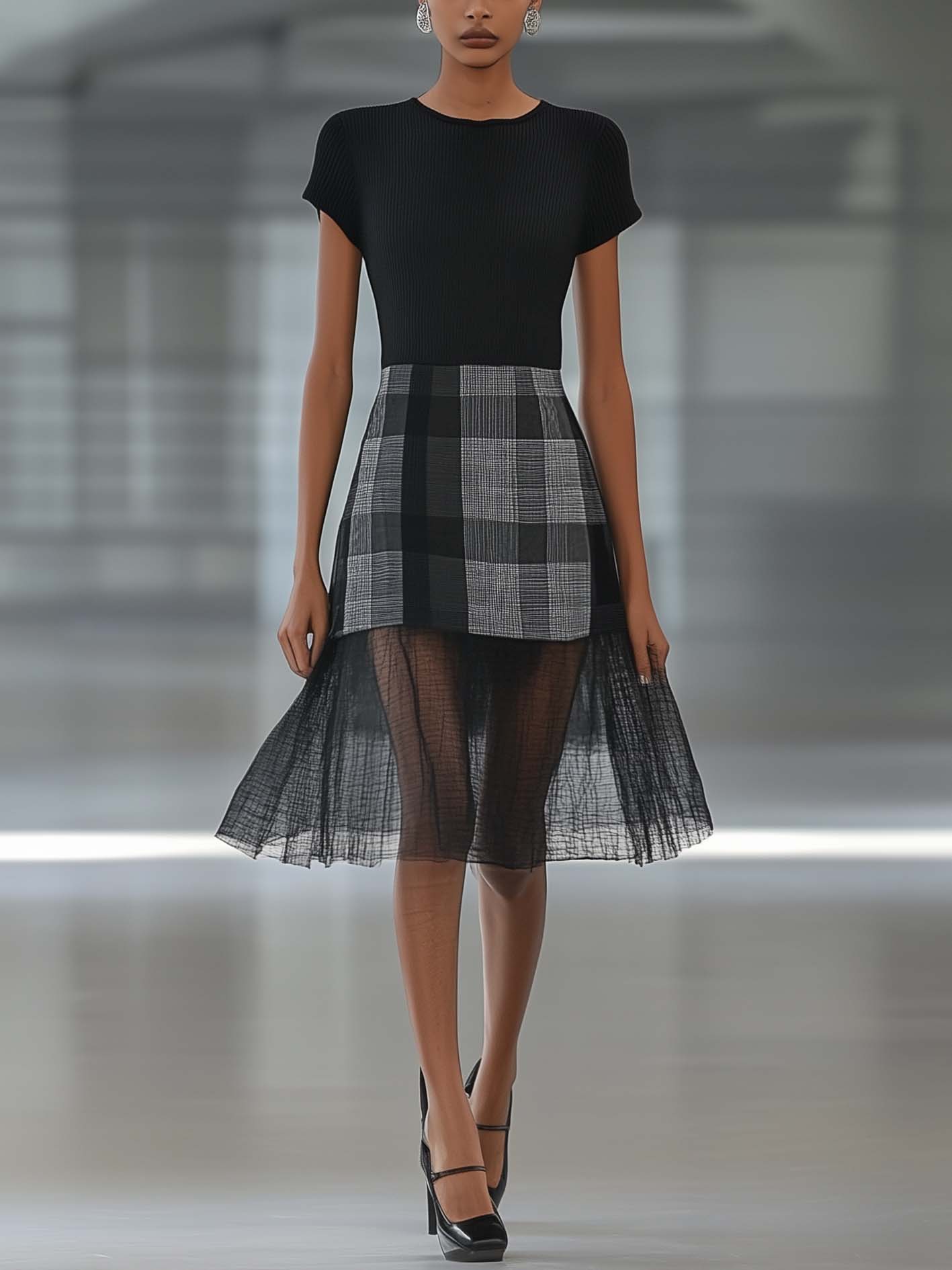 Black Midi Dress With Knitted Checkered Print And Mesh
