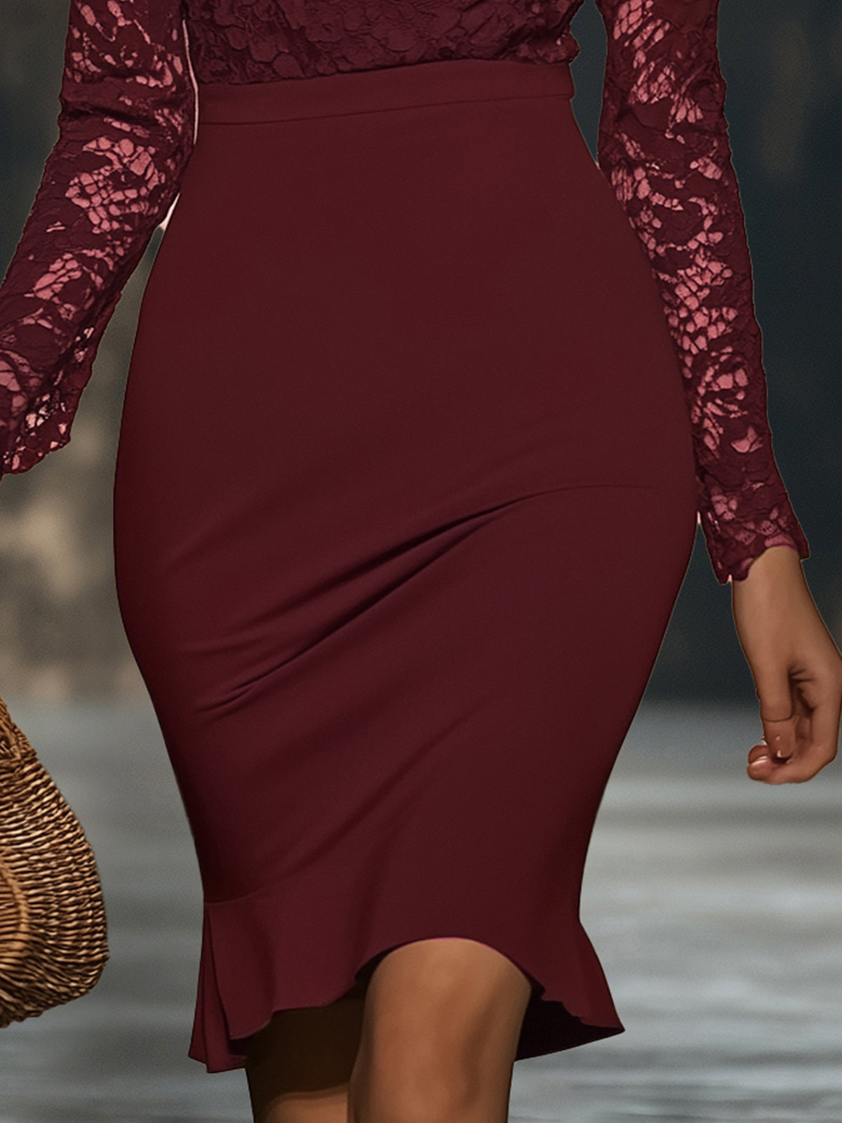 Burgundy Lace Trimmed Long Sleeve Fitted Two-Piece Skirt Set