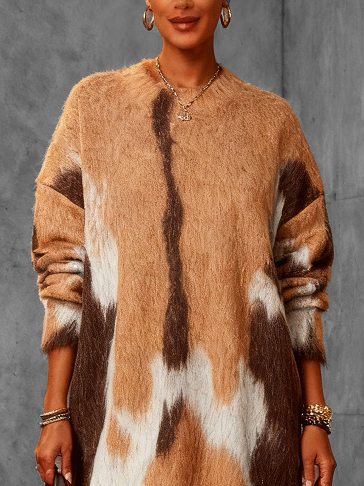 Brown Fuzzy Animal Print Knit Sweater Dress