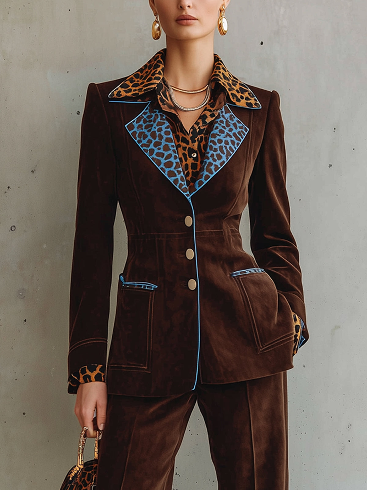 Chocolate Suede Leopard Print Single Breasted Suit