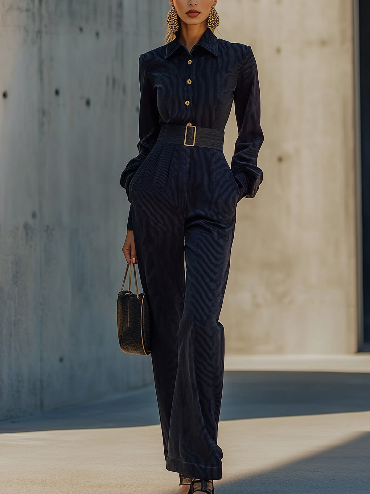 Navy Corduroy Jumpsuit With Pockets