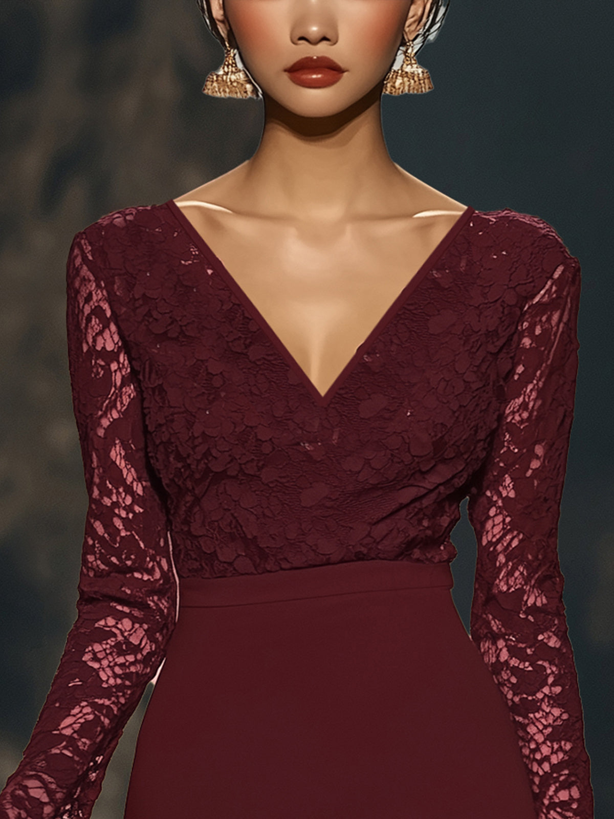 Burgundy Lace-Accented Long-Sleeve Bodycon Dress