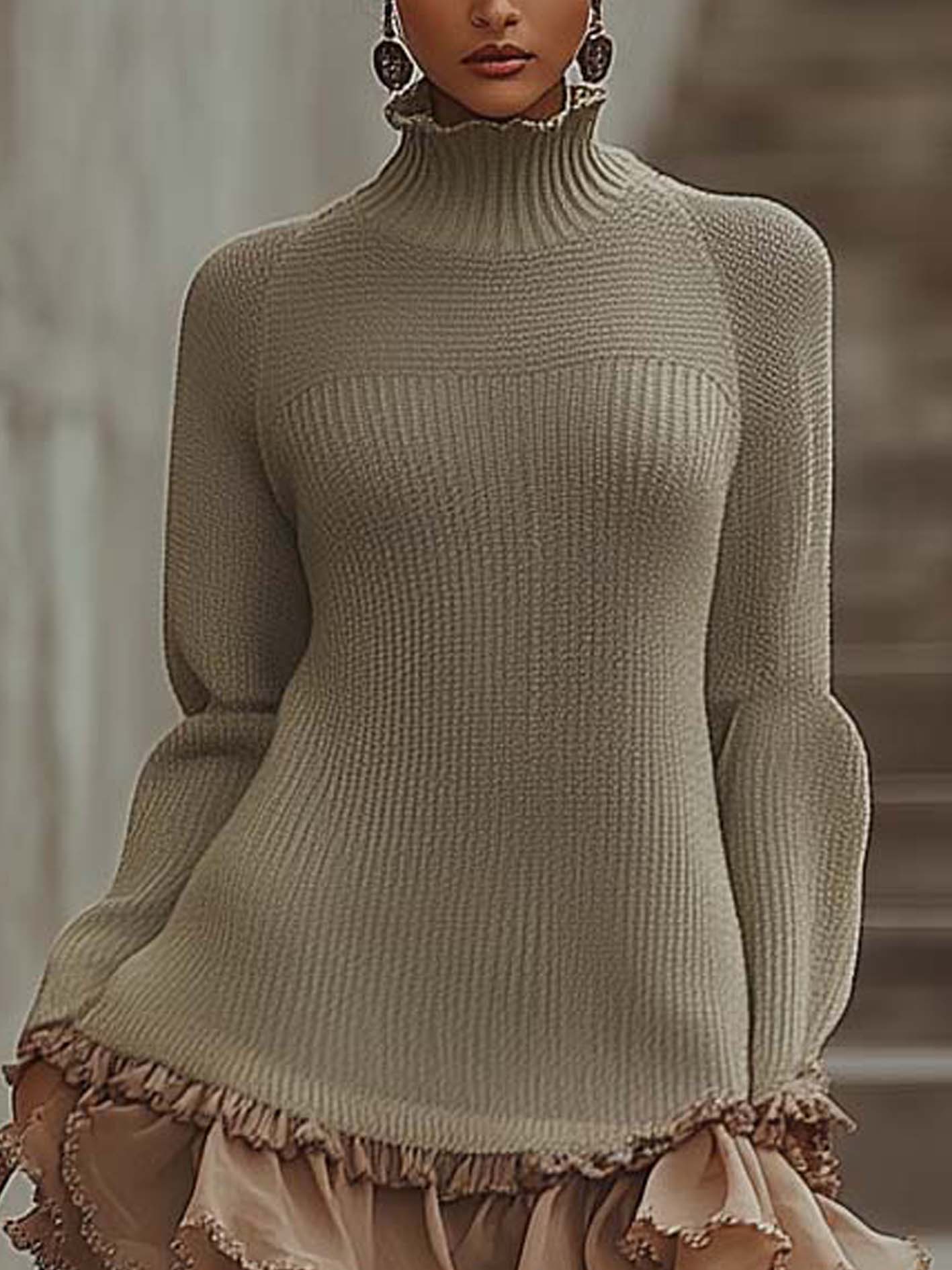 Olive Green Knitted Mini Dress With Lace Bottom Ruffles