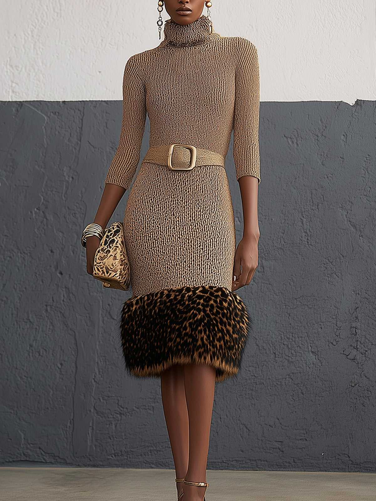 Brown Leopard Print Faux Fur Knit Turtleneck  Midi Dress