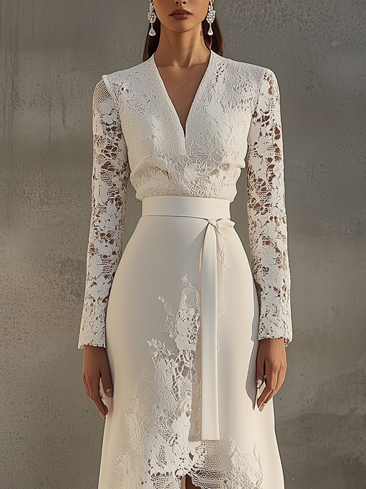 Ivory Lace V-Neck Long Sleeve Midi Dress