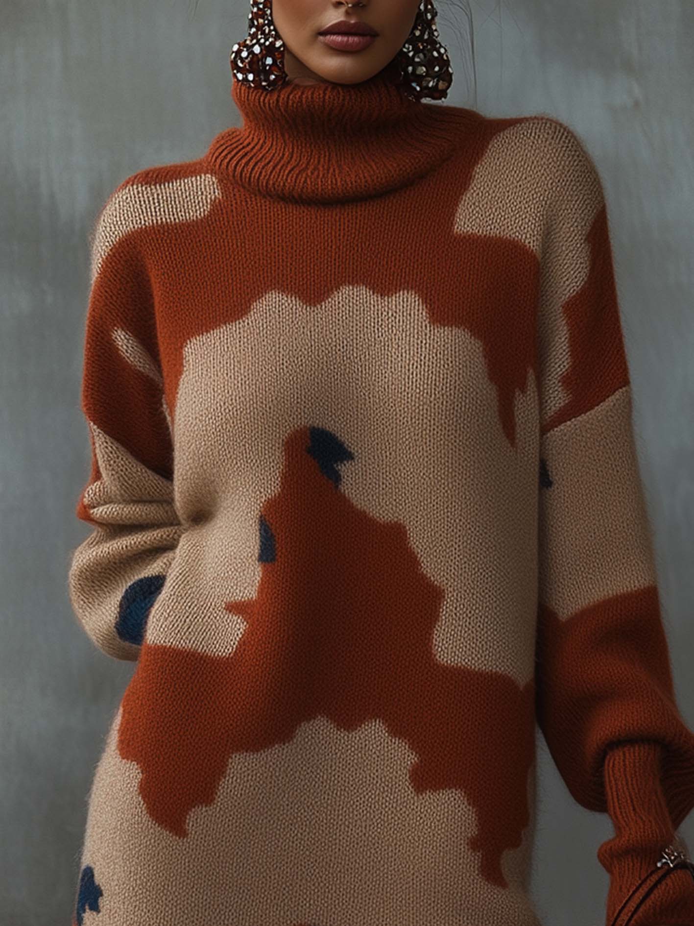 Camel Knitted Mini Dress With Orange Abstract Print