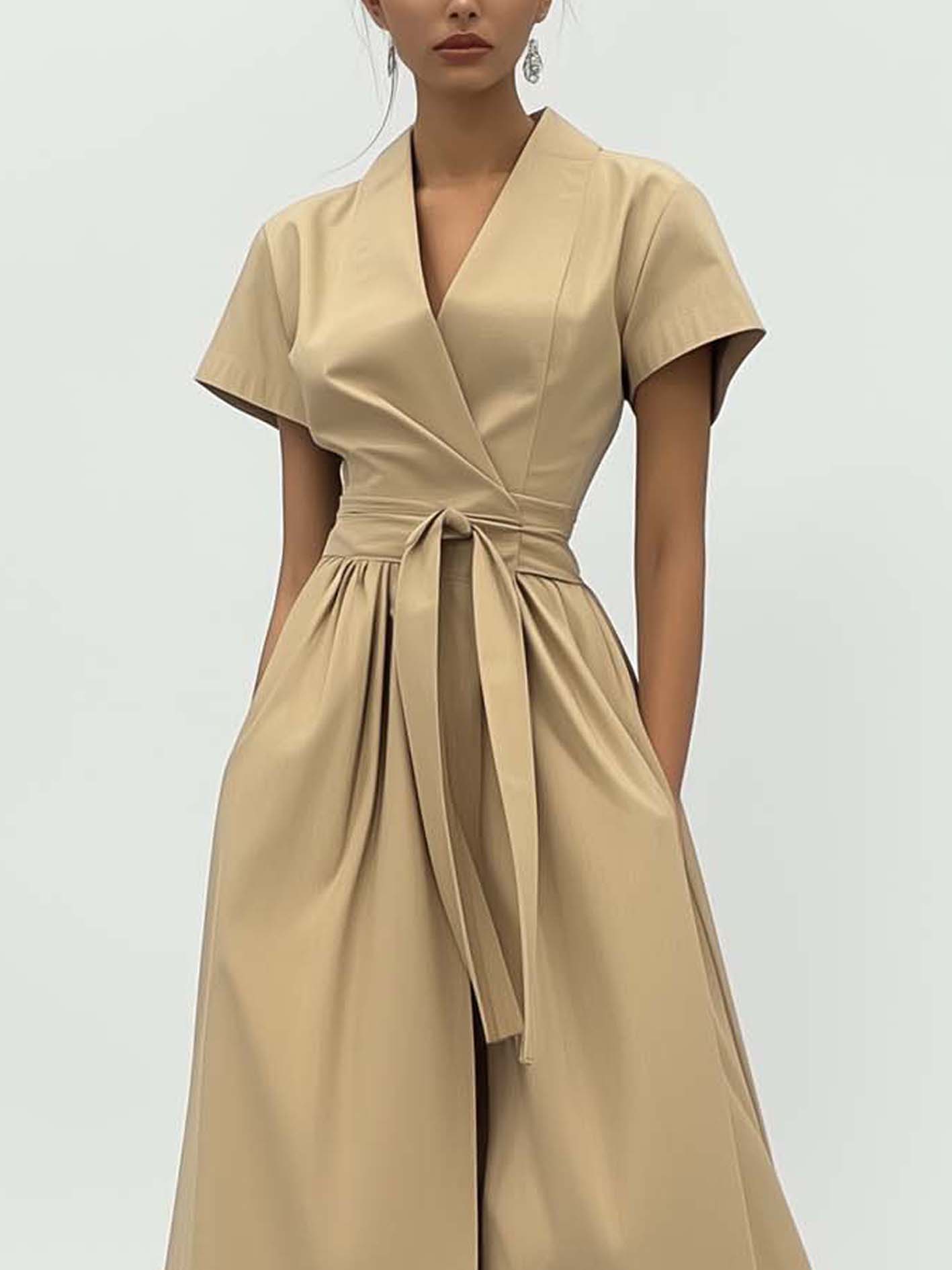Simple Khaki Maxi Dress With Belt