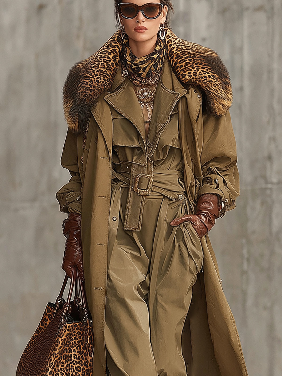 Khaki Belted Trench Coat With Detachable Leopard Fur Collar
