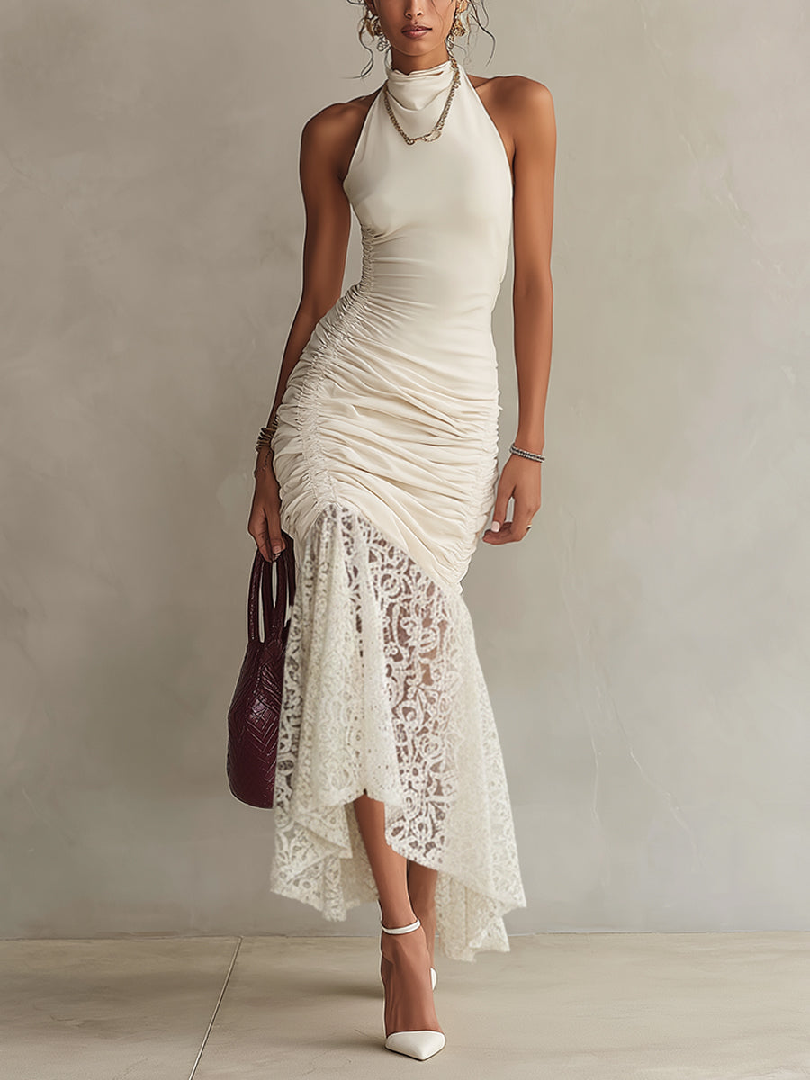 Cream Ruched Lace Sleeveless Maxi Dress