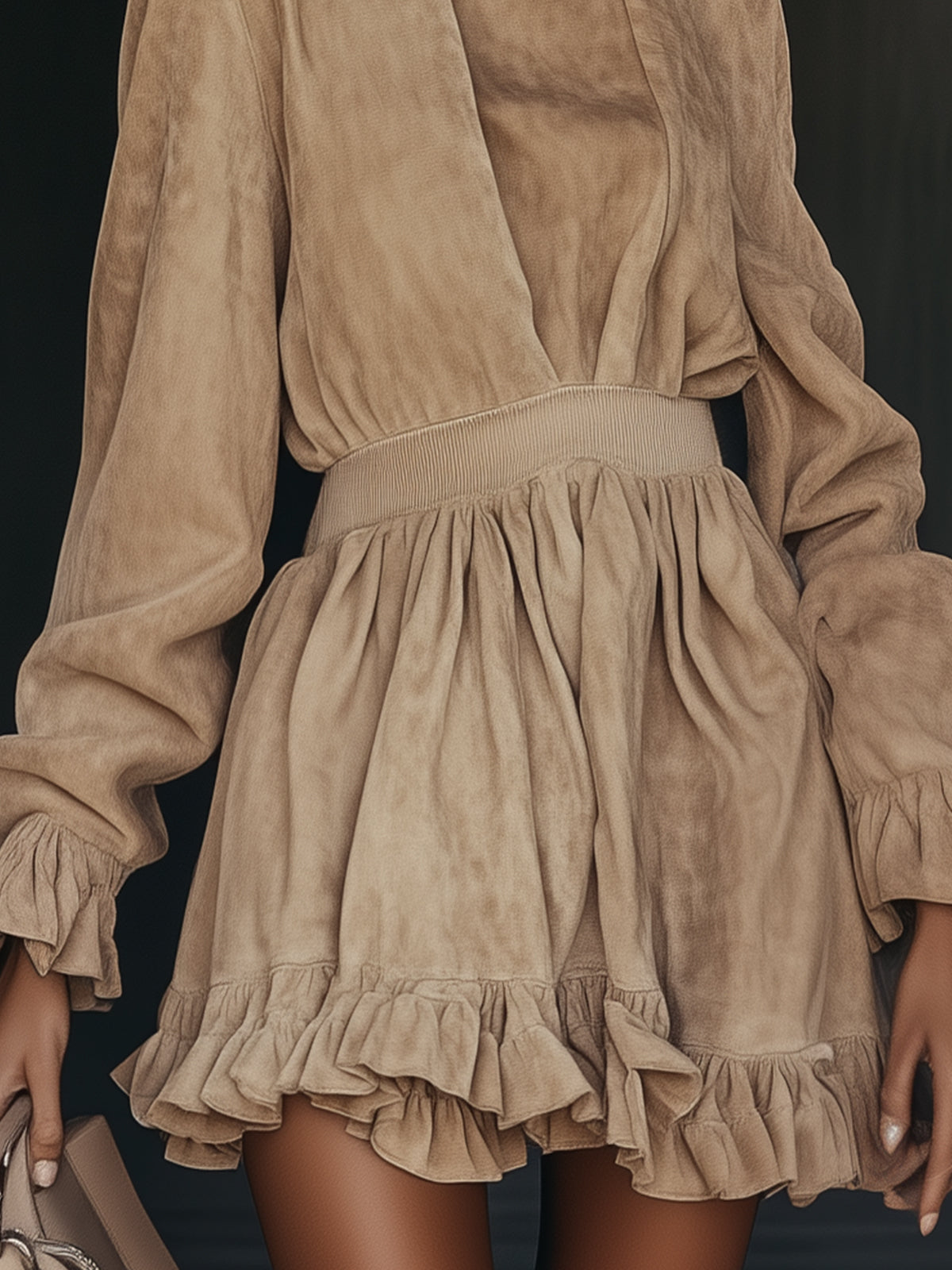Khaki Ruffle Hem High-Neck Dress With Elastic Wais