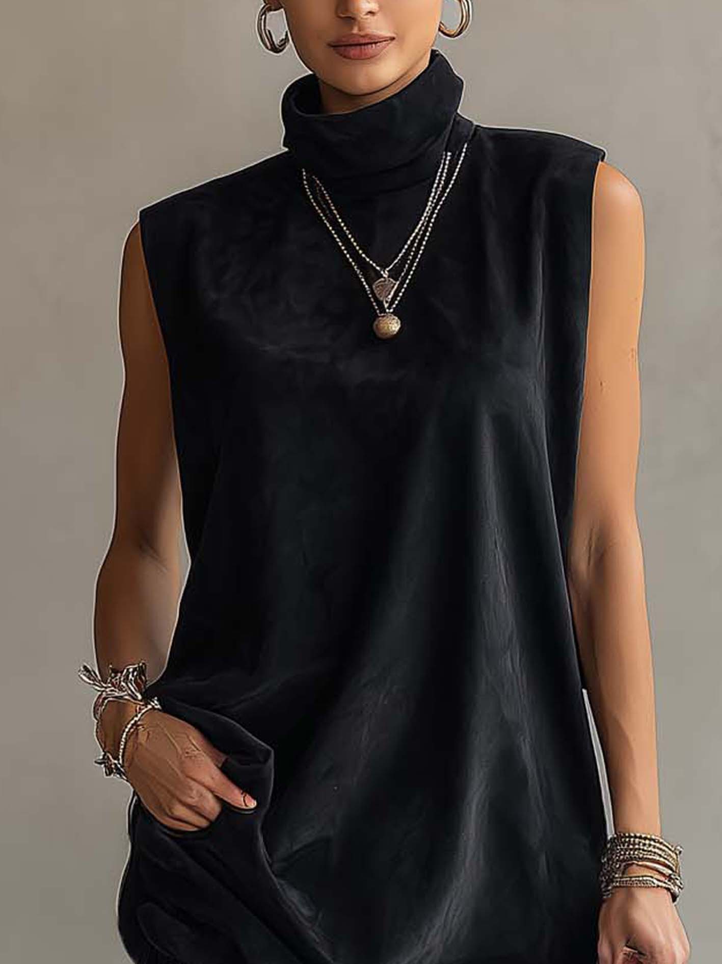 Black Sleeveless Fringe Patchwork Faux Suede Mini Dress