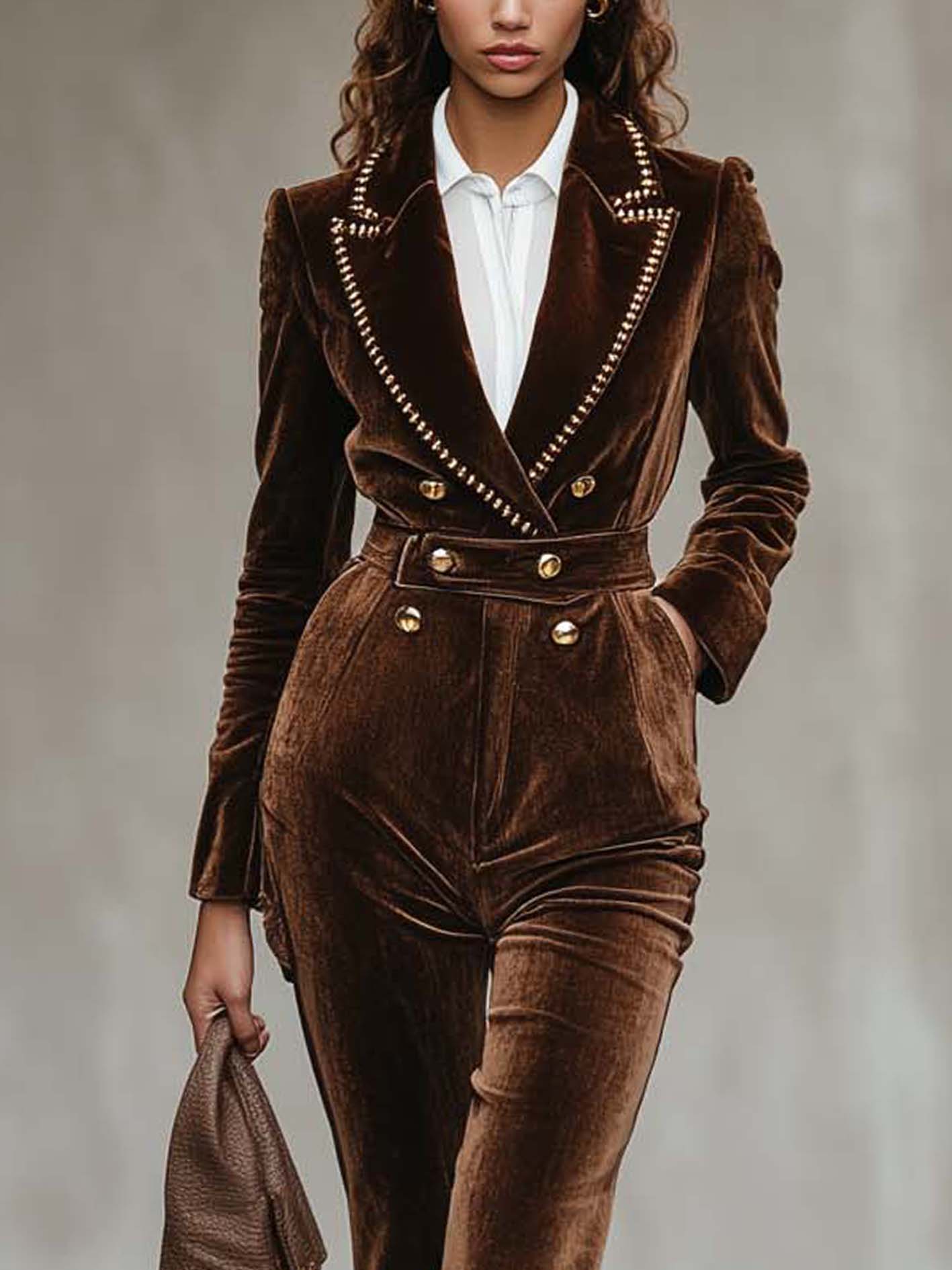 Double-breasted Brown Velvet Jumpsuit With Stylish Trim