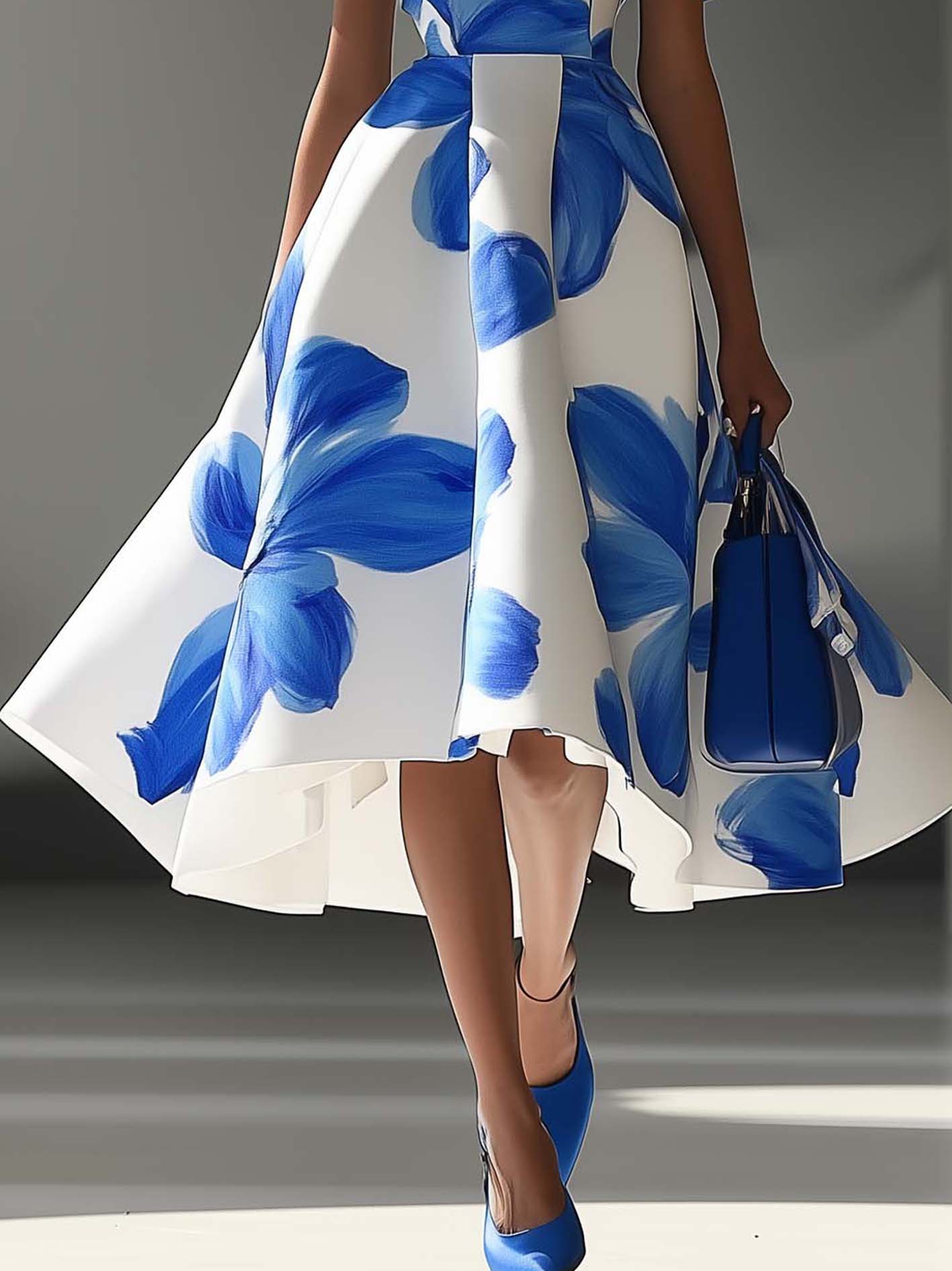 White Satin Midi Dress With Ruffles And Blue Flowers