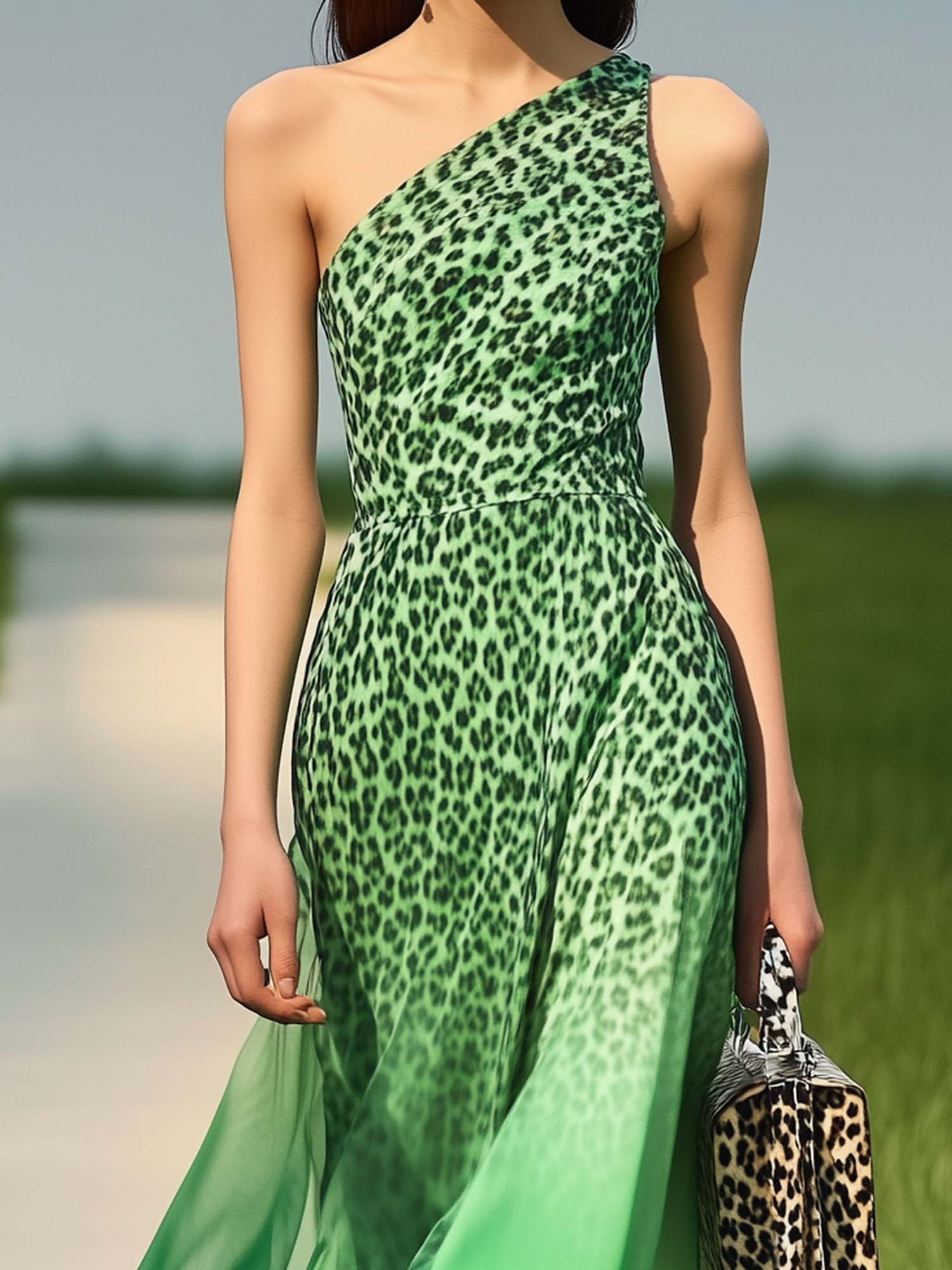Green  Chiffon Maxi Dress With Gradient Leopard Print
