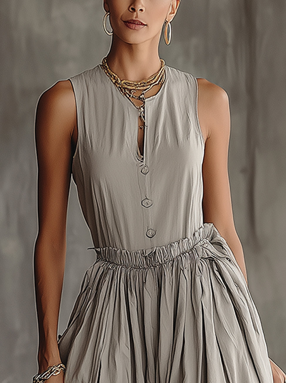 Gray Sleeveless Button Front Balloon Hem Midi Dress