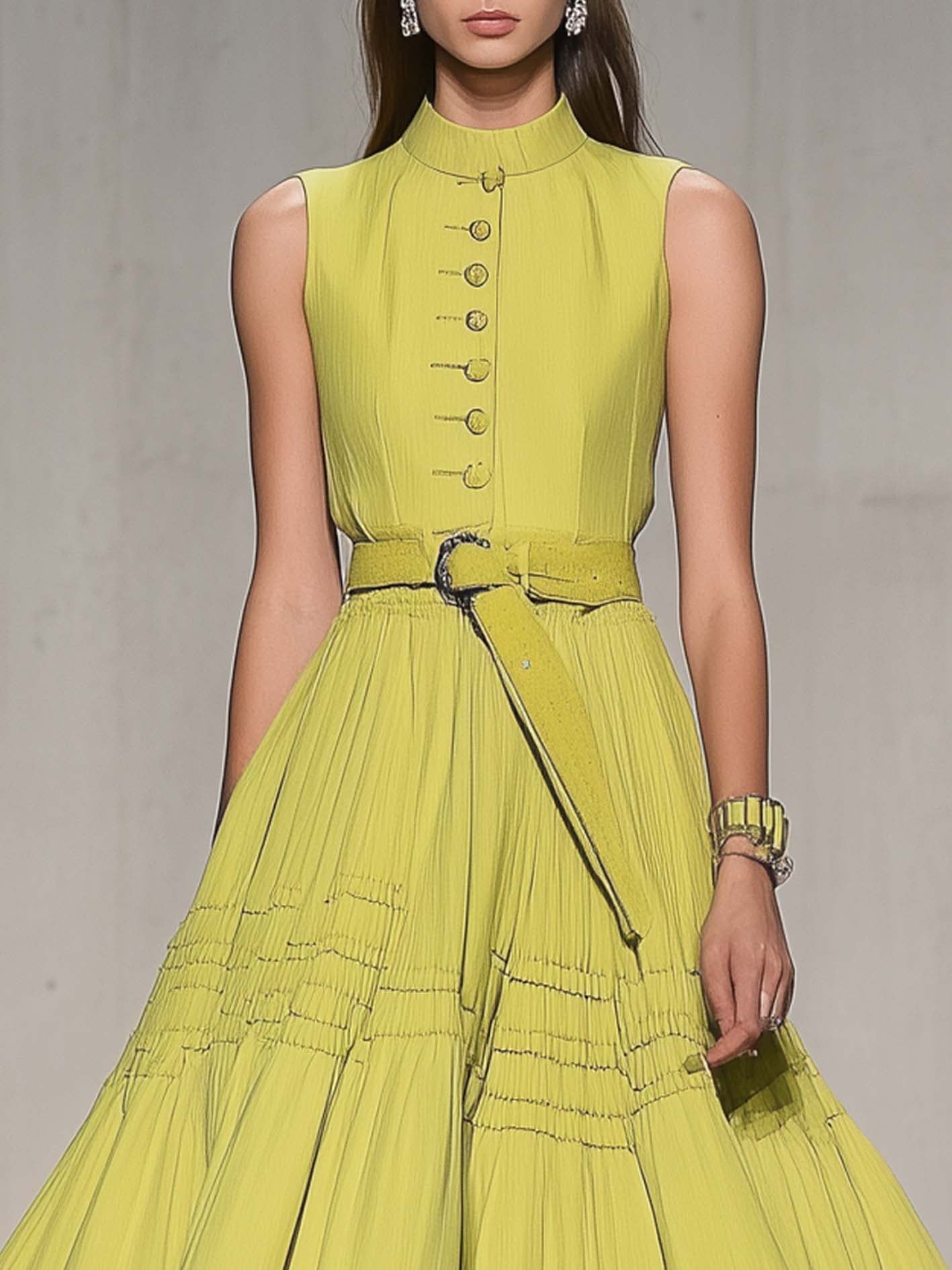Sleeveless Yellow Green Midi Dress With Belt And Buttons