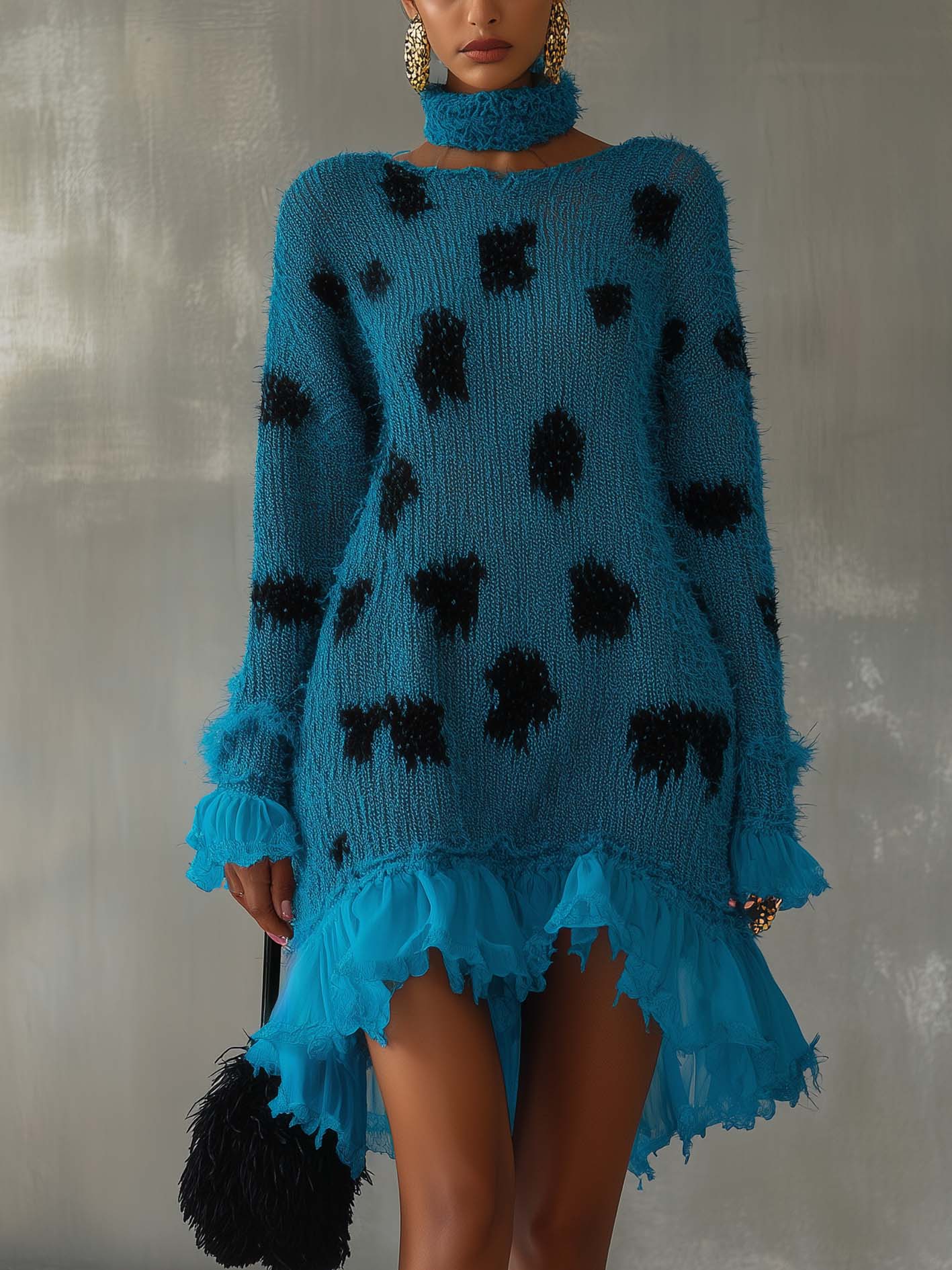 Cyan Knitted Mini Dress With Black Irregular Polka Dots