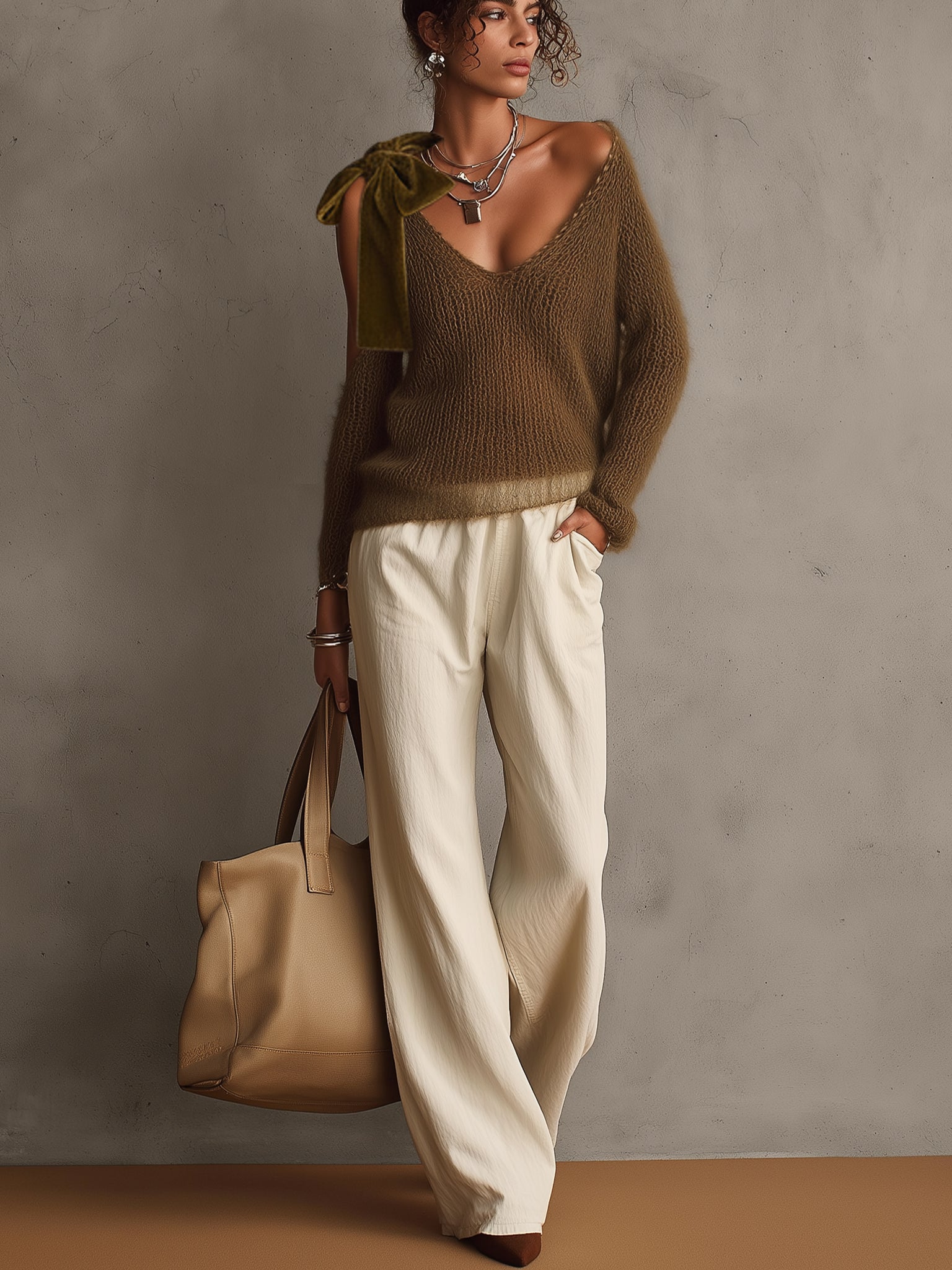 Lightweight Green Mohair Knit Sweater With Velvet Bow