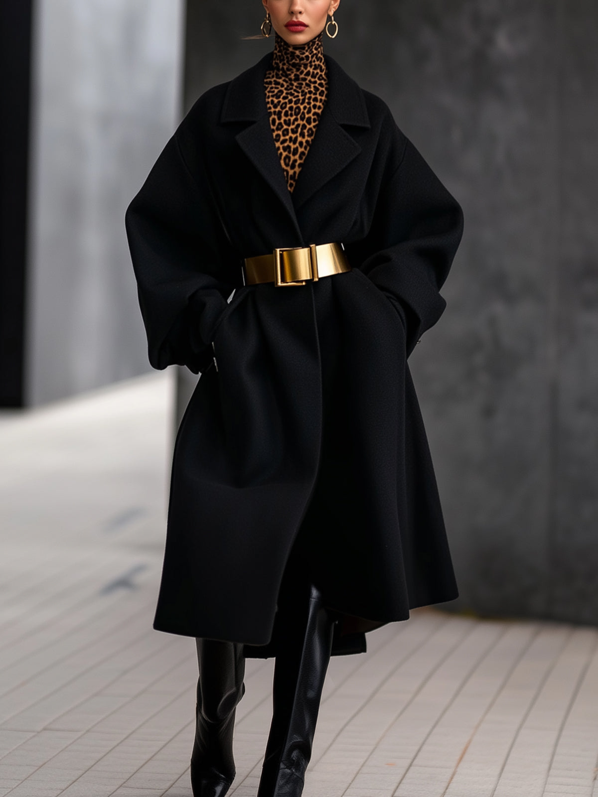 Black Wool Oversized Coat With Statement Gold Belt