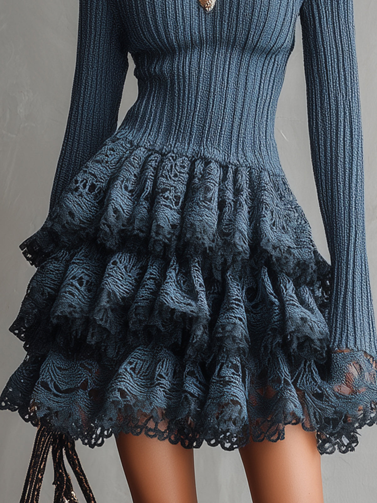 Blue Knit Turtleneck Mini Dress With Tiered Lace Skirt