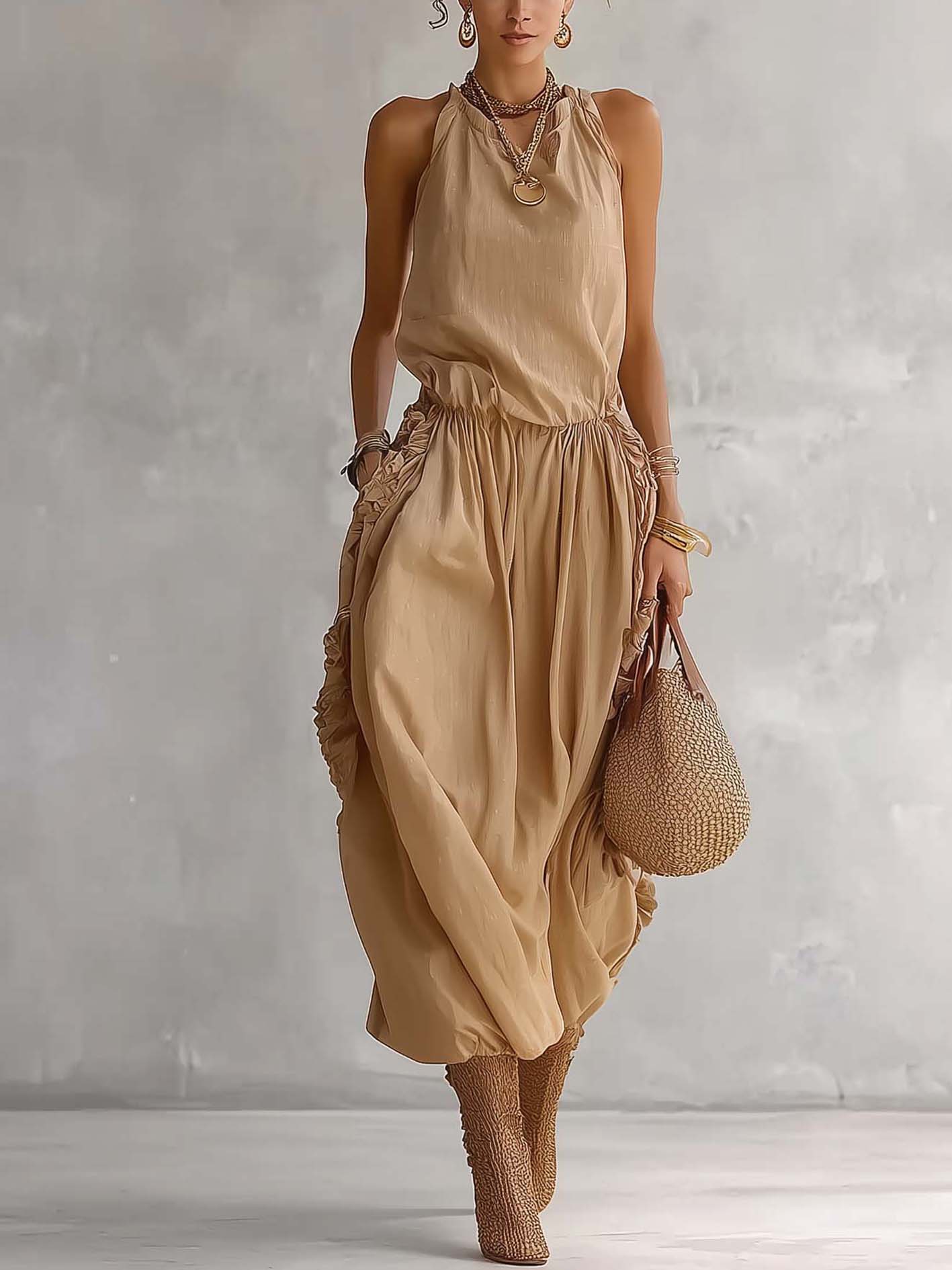 Khaki Cotton Linen Ruffle Side Elastic Waist Maxi Dress