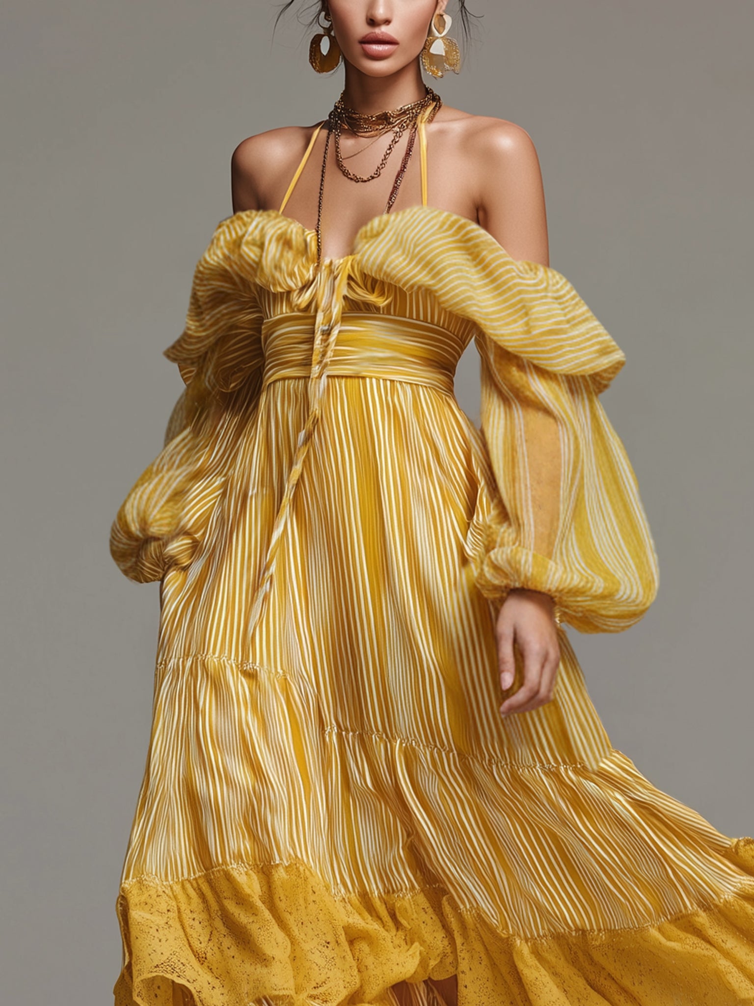 Yellow Striped Off Shoulder Chiffon Maxi Dress