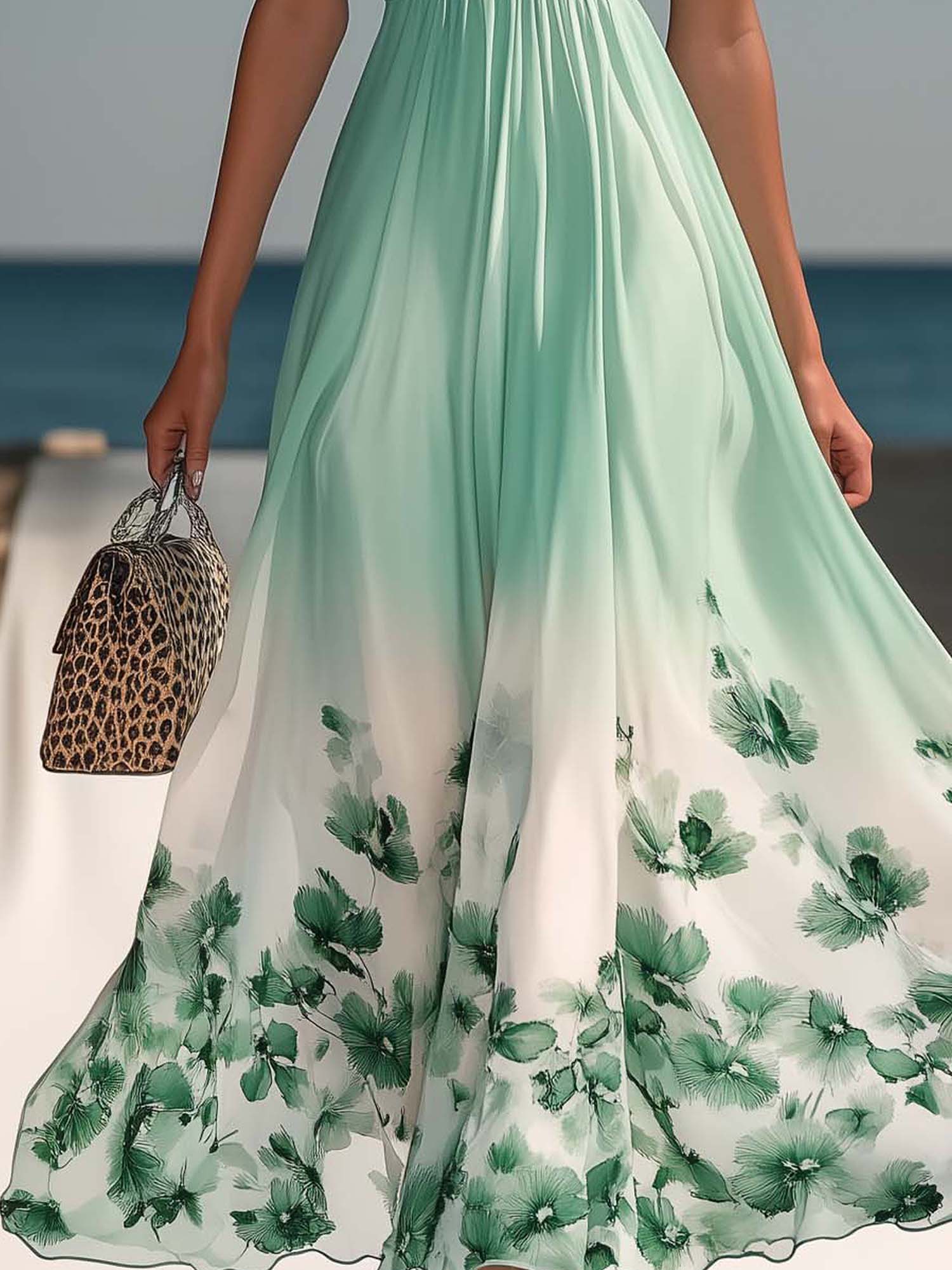 Green Chiffon Maxi Dress With Gradient And Floral Print