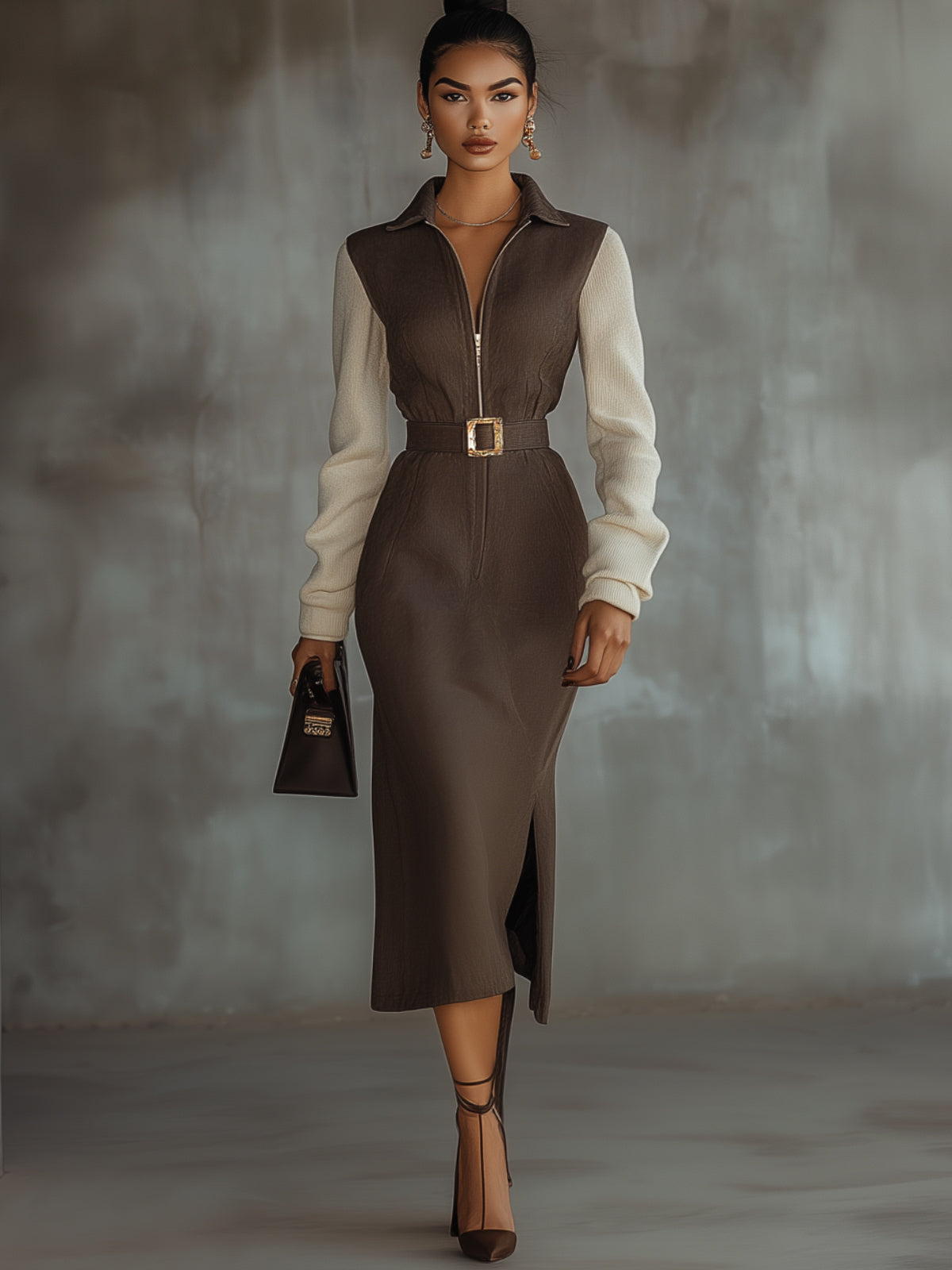 Two Tone Zippered Midi Dress