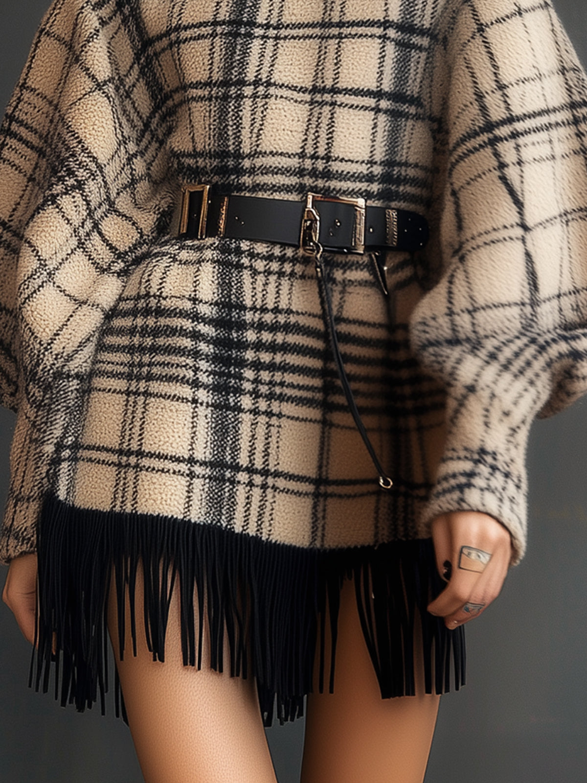 Plaid Blend Oversized Dress With Fringe And Belt