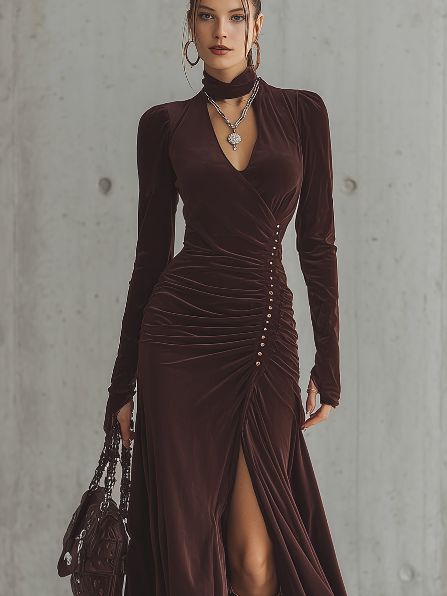 Reddish Brown Velvet Maxi Dress With Button Detail