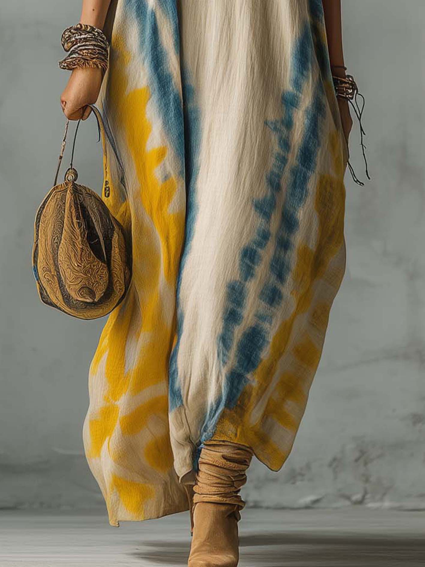 Oatmeal Cotton Linen Tie-Dye Boho V-Neck Maxi Dress