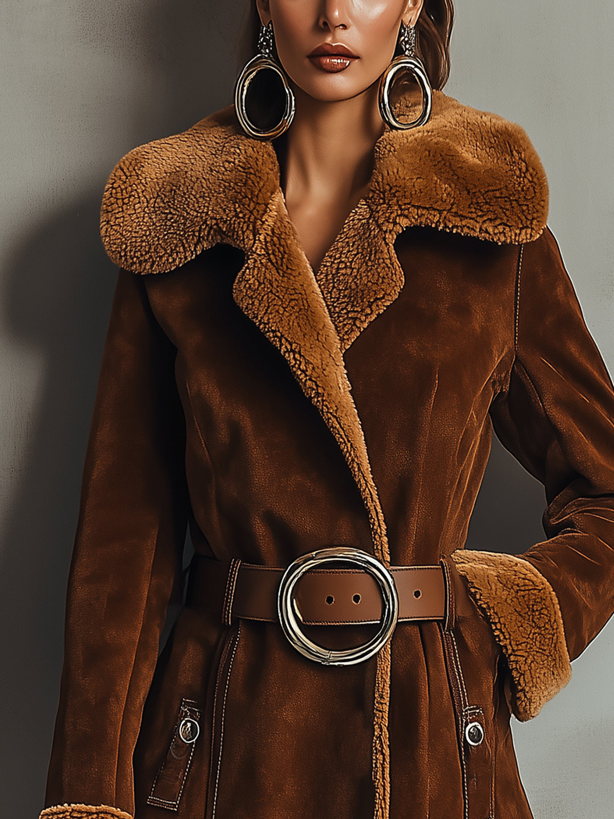 Brown Faux Suede Jacket With Shearling Trim And Belted Waist