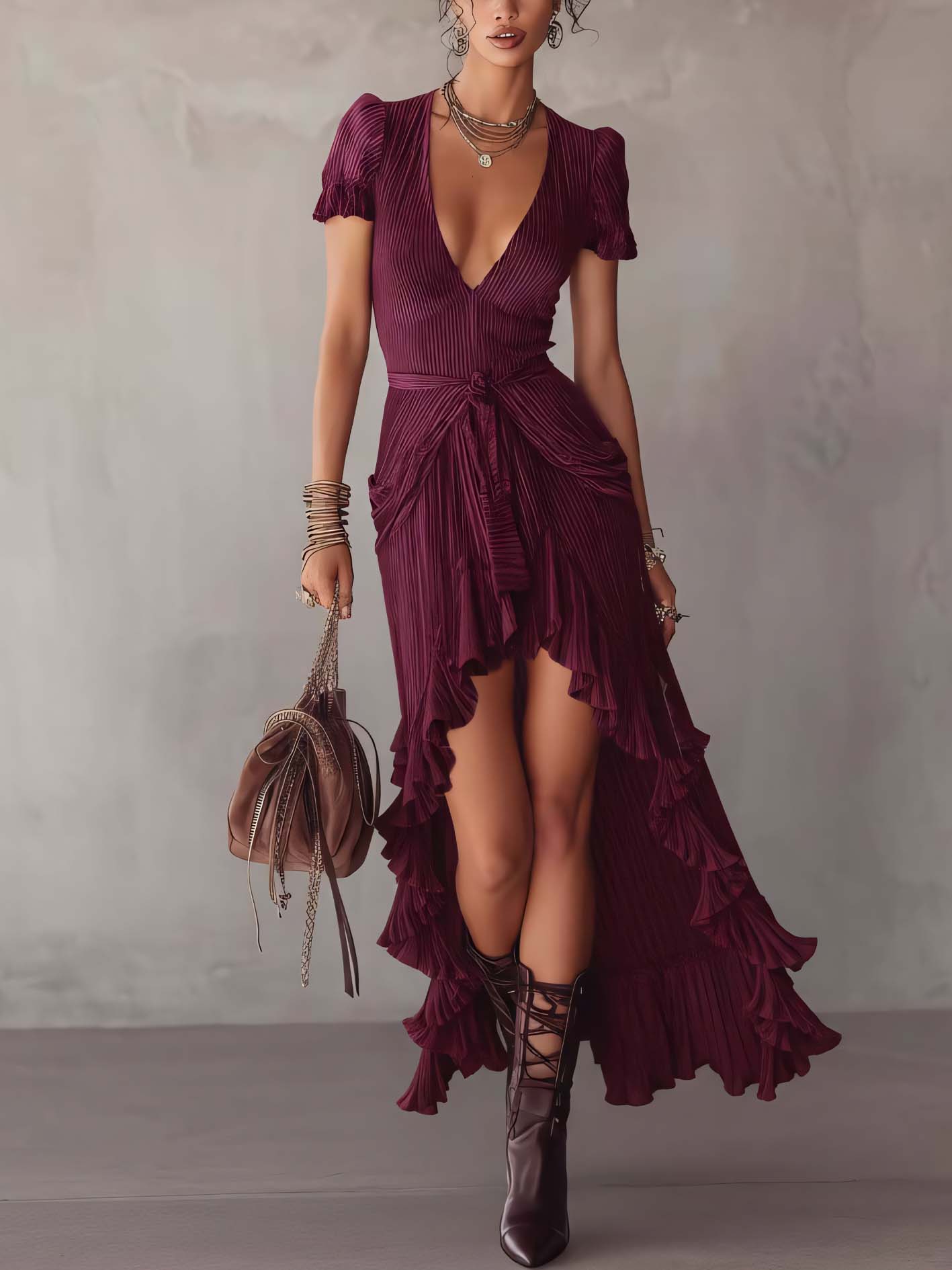 Deep Wine Velvet Pleated Maxi Dress With Ruffle Hem